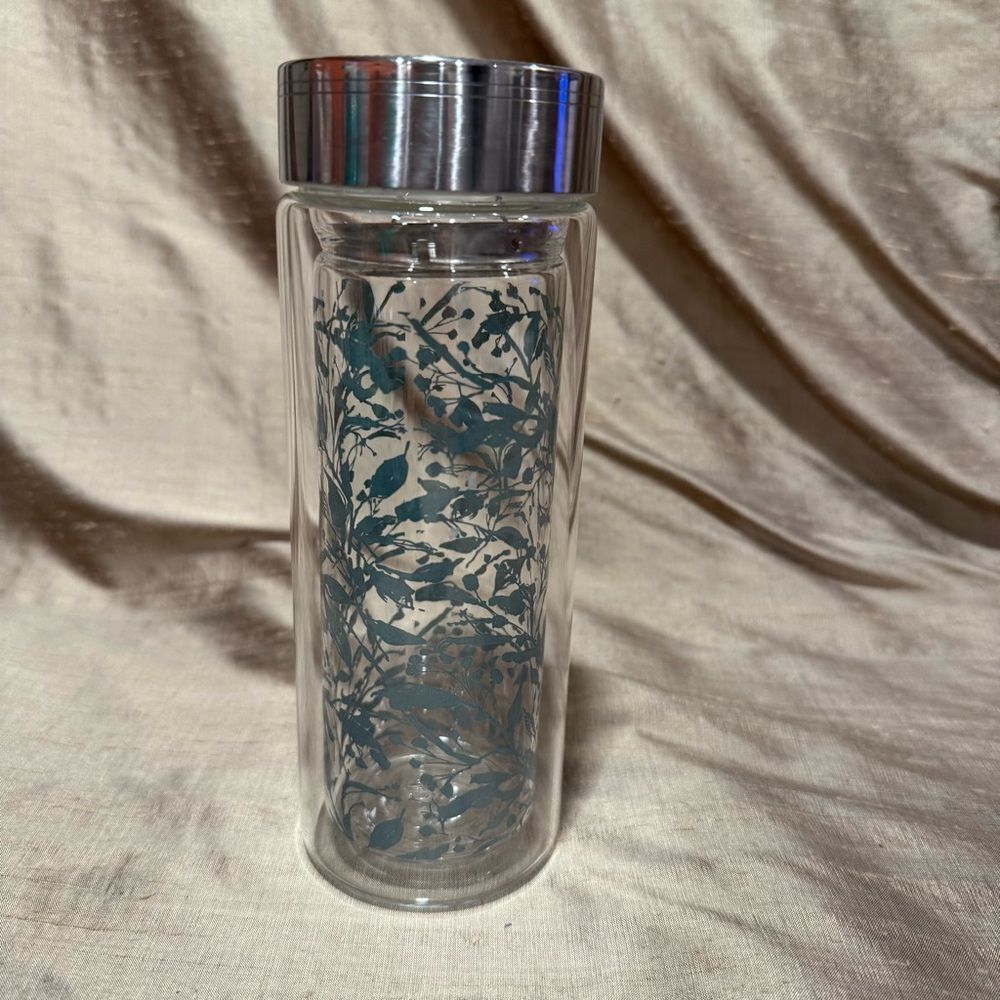 Floral botanical Tumbler Double Wall Glass Bottle Tea Infuser with Stainless Lid
